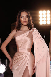 Fashionable Long Peach One Shoulder Satin Floor Length Prom Evening Dresses with Slit